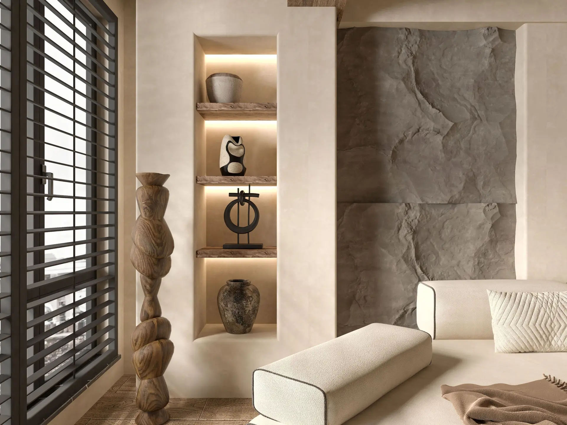 Refined contemporary New Zealand living room with timber accents and natural stone