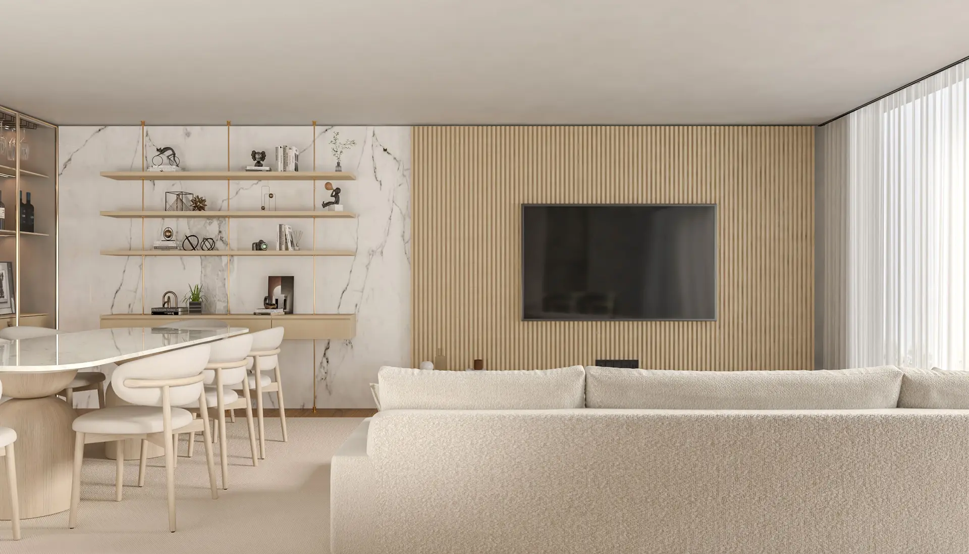 Neutral living interior with organic curves and textured throw pillows