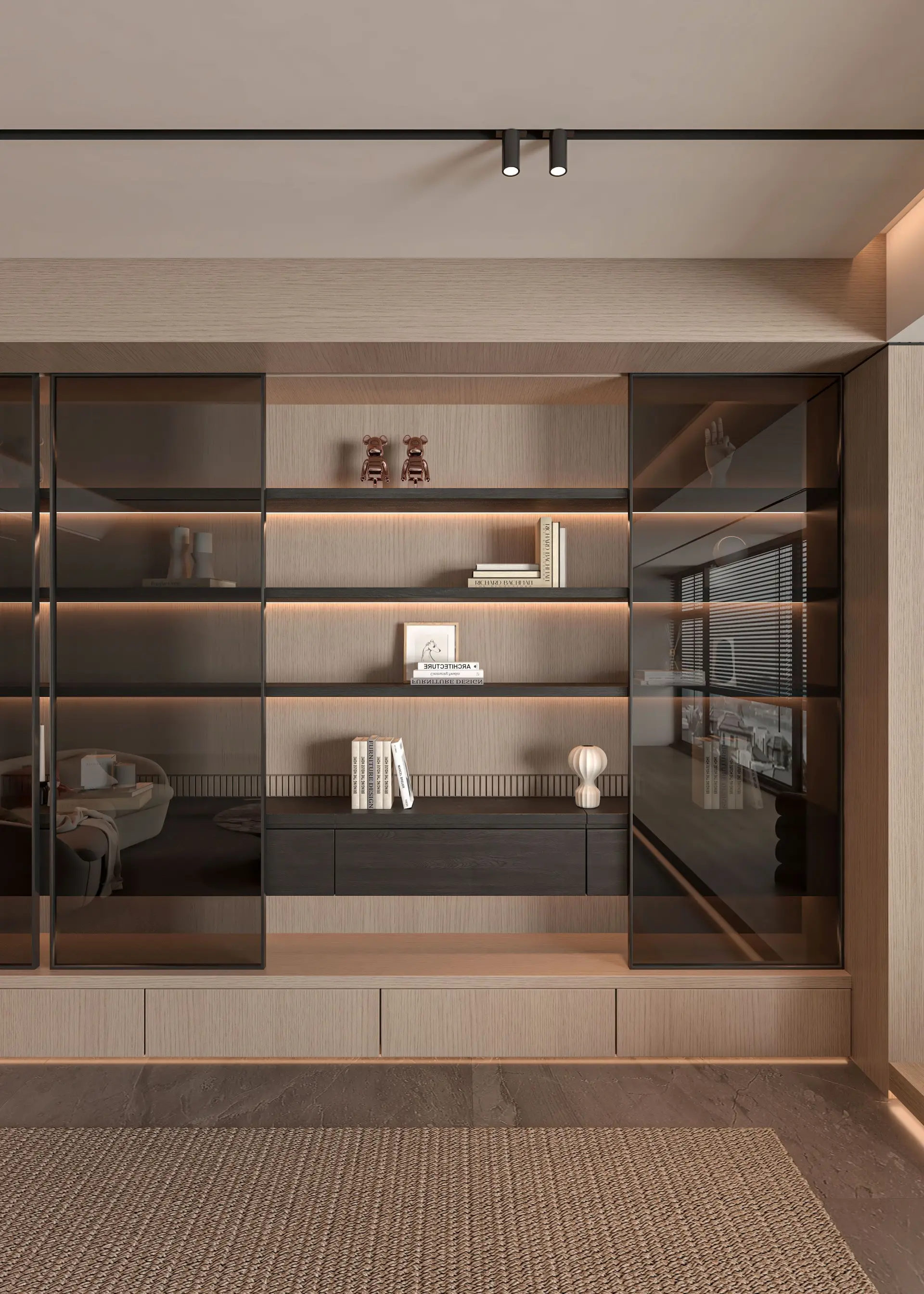 Tactile materials, curated architectural shelf with ceramic vessel and natural wood