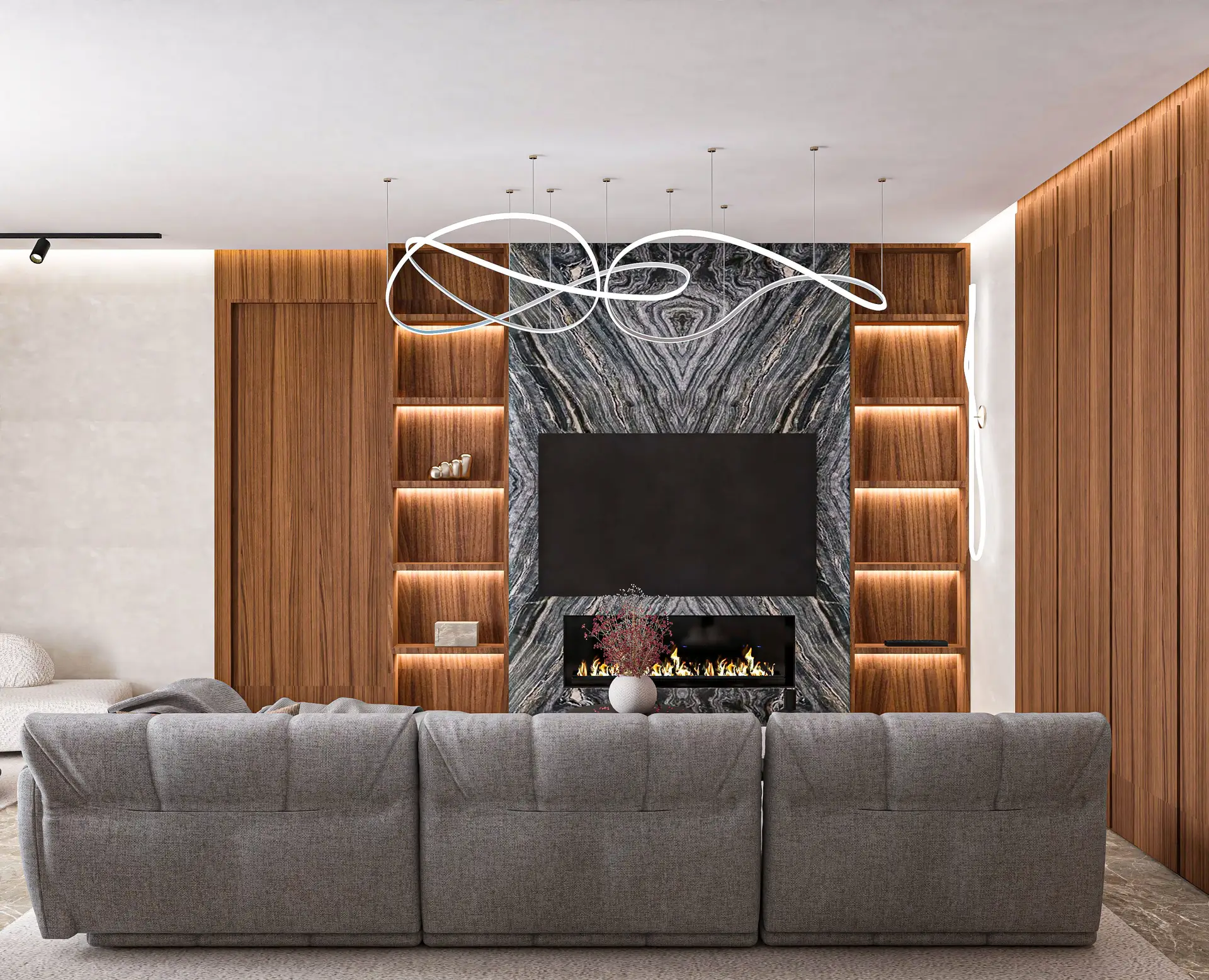 Refined fireplace living room with architectural lines and curated ceramics