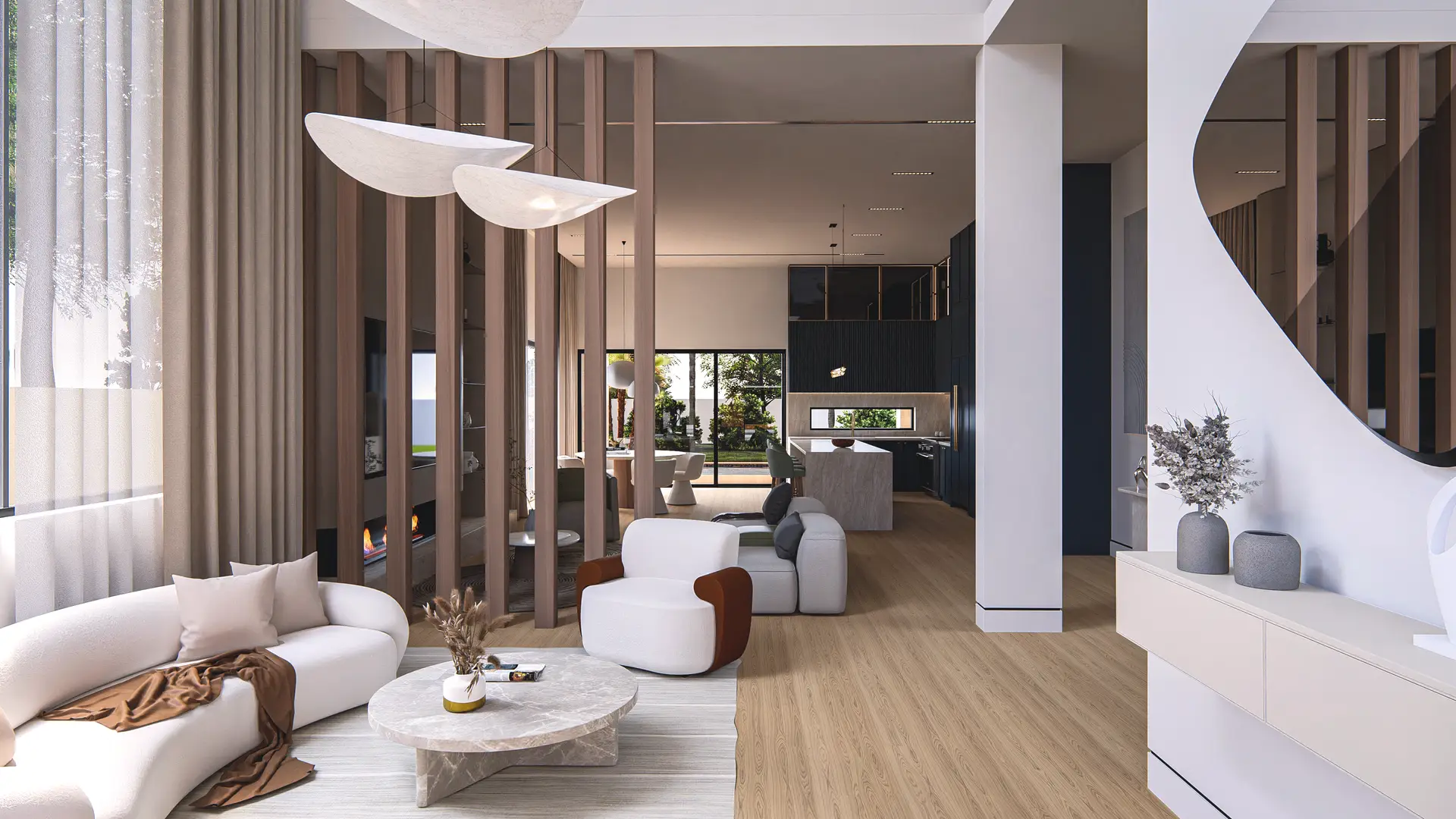 Sunlit minimalist interior lounge with natural timber and linen tones in New Zealand
