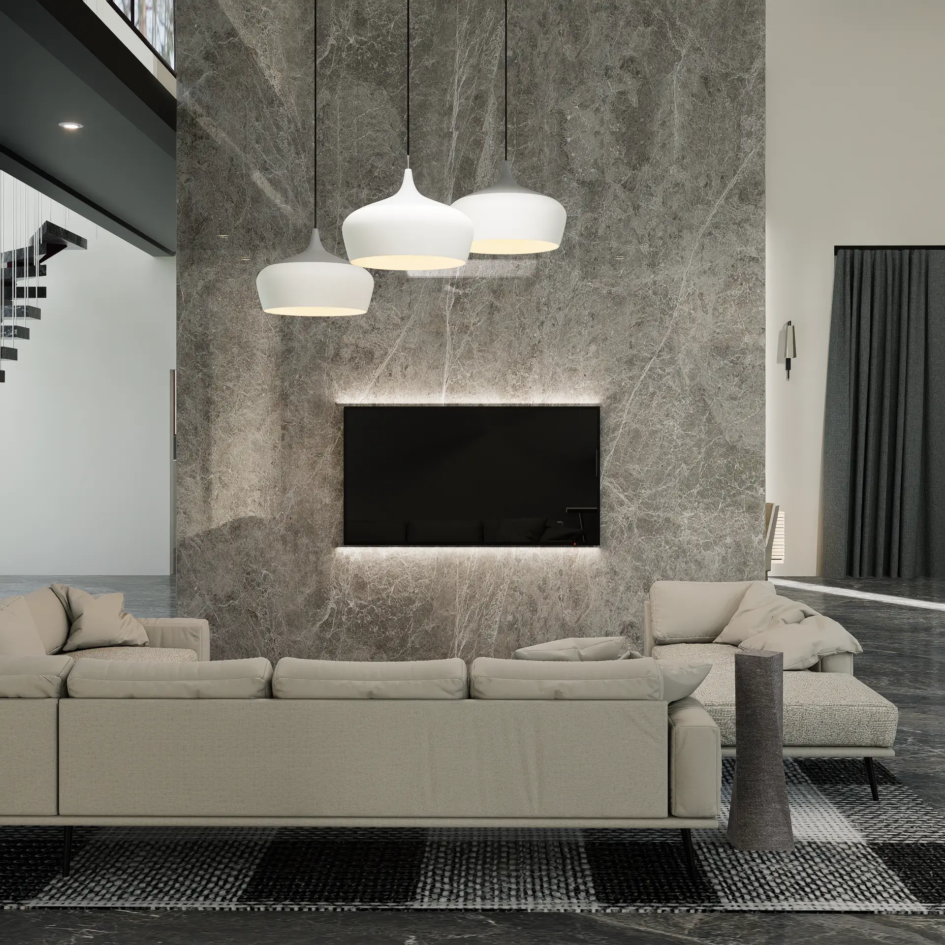 Contemporary salon with bespoke modern furniture and ambient lighting