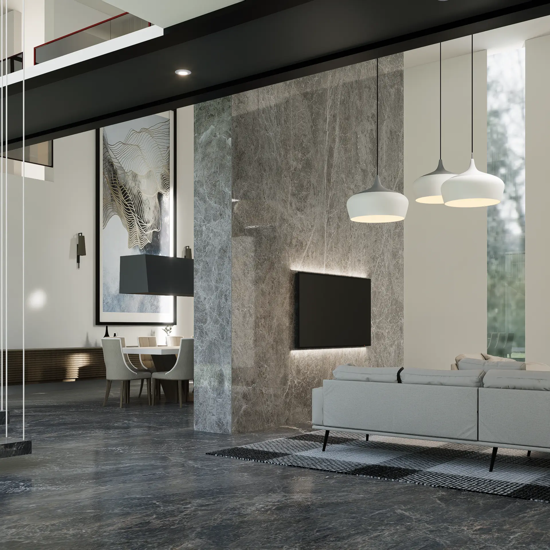 Interior design concept curation with marble samples, fabrics, and natural finishes